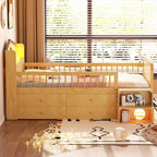 Lit mezzanine bas avec lumières LED, lit mezzanine double en bois avec tête de lit en forme de maison, lit mezzanine enfant avec tiroirs de rangement