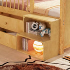 Lit mezzanine bas avec lumières LED, lit mezzanine double en bois avec tête de lit en forme de maison, lit mezzanine enfant avec tiroirs de rangement