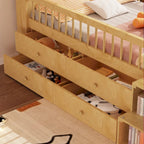 Lit mezzanine bas avec lumières LED, lit mezzanine double en bois avec tête de lit en forme de maison, lit mezzanine enfant avec tiroirs de rangement