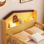 Lit mezzanine bas avec lumières LED, lit mezzanine double en bois avec tête de lit en forme de maison, lit mezzanine enfant avec tiroirs de rangement