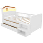 Lit mezzanine bas avec lumières LED, lit mezzanine double en bois avec tête de lit en forme de maison, lit mezzanine enfant avec tiroirs de rangement