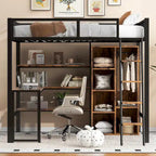 Lit mezzanine en métal pleine taille avec bureau intégré, armoire et étagères