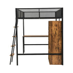Lit mezzanine en métal pleine taille avec bureau intégré, armoire et étagères