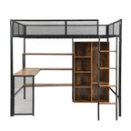 Lit mezzanine en métal pleine taille avec bureau intégré, armoire et étagères