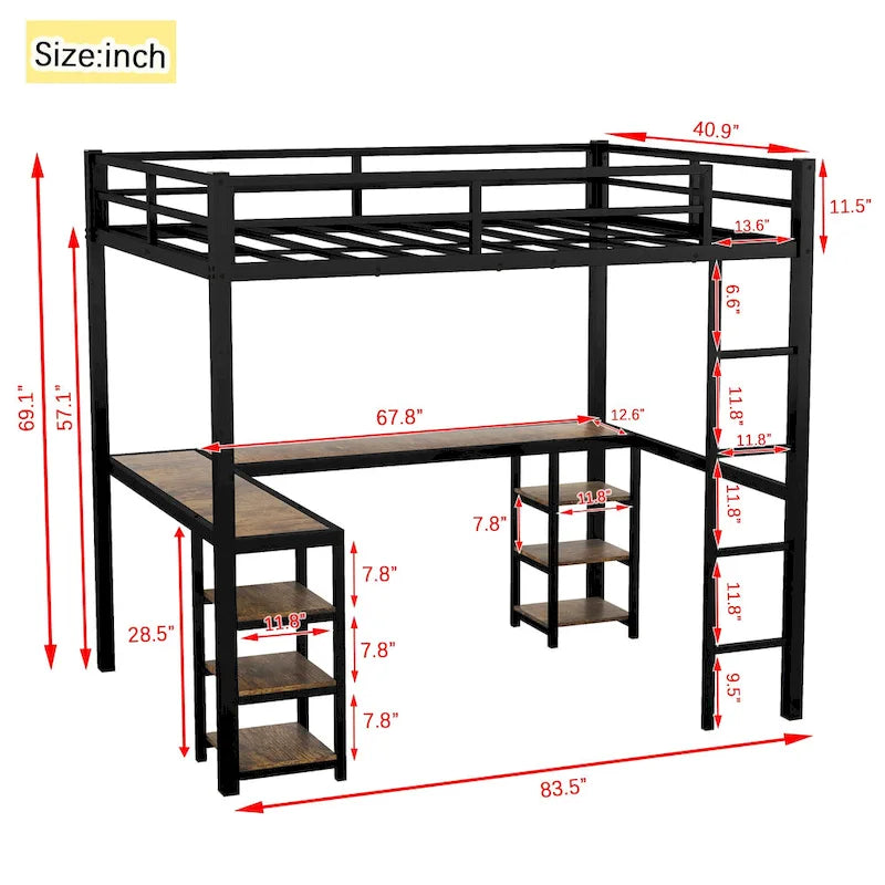 Lit mezzanine en métal Twin XL avec bureau et étagères