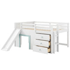 Lit mezzanine pleine grandeur avec toboggan et 3 tiroirs de rangement, Cadre de lit mezzanine en bois massif avec 2 portes, échelle et garde-corps