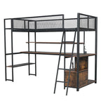 Lit mezzanine double en métal avec poste de travail intégré, LED et rangements multiples