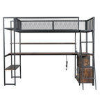 Lit mezzanine double en métal avec poste de travail intégré, LED et rangements multiples