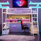 Lit mezzanine double en métal avec poste de travail intégré, LED et rangements multiples