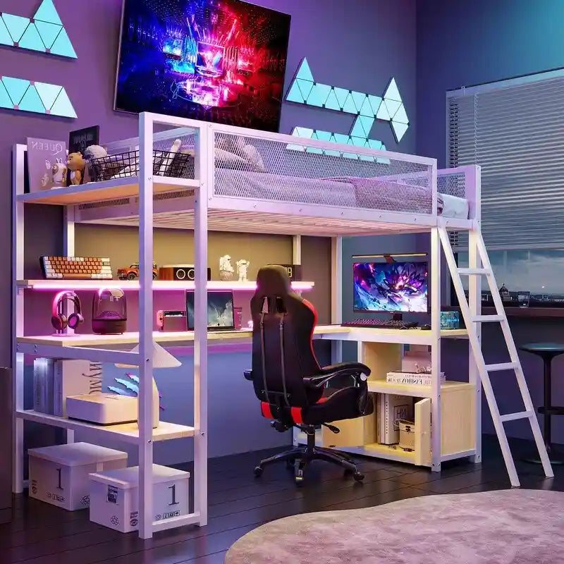 Lit mezzanine double en métal avec poste de travail intégré, LED et rangements multiples