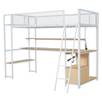 Lit mezzanine double en métal avec poste de travail intégré, LED et rangements multiples
