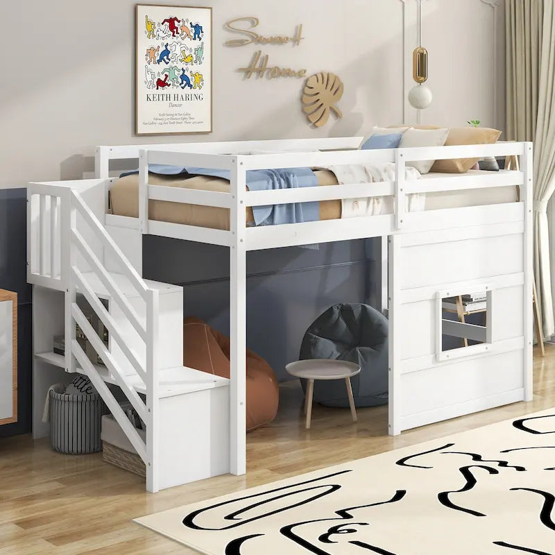 Lit mezzanine double avec bureau, 2 armoires, 4 tiroirs et 4 étagères – Rangement tout-en-un