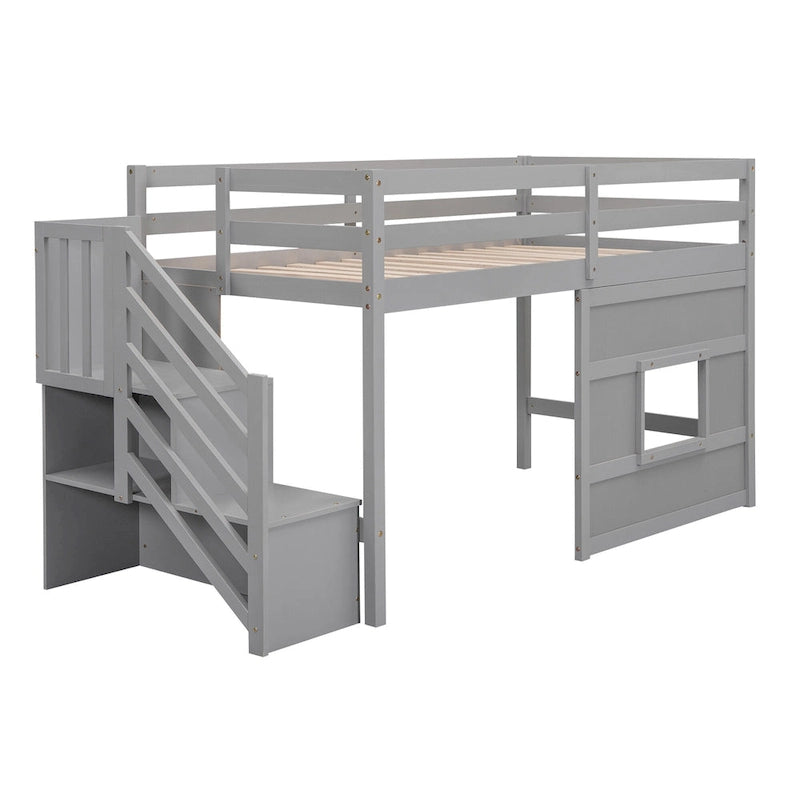 Lit mezzanine double avec bureau, 2 armoires, 4 tiroirs et 4 étagères – Rangement tout-en-un