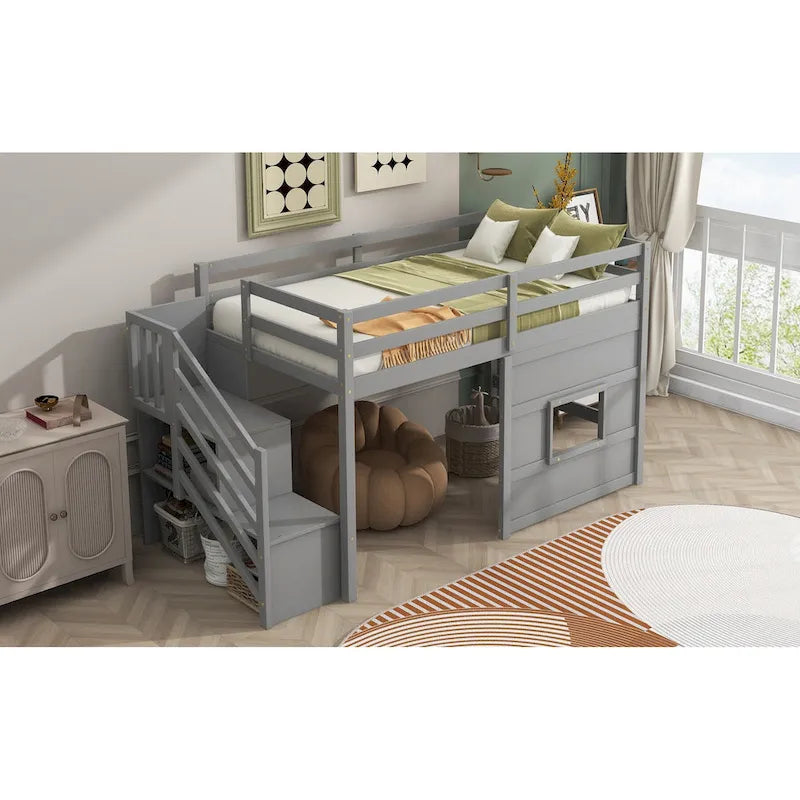 Lit mezzanine double avec bureau, 2 armoires, 4 tiroirs et 4 étagères – Rangement tout-en-un