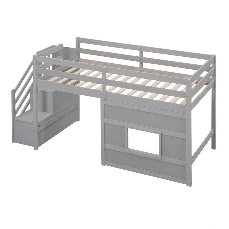 Lit mezzanine double avec bureau, 2 armoires, 4 tiroirs et 4 étagères – Rangement tout-en-un