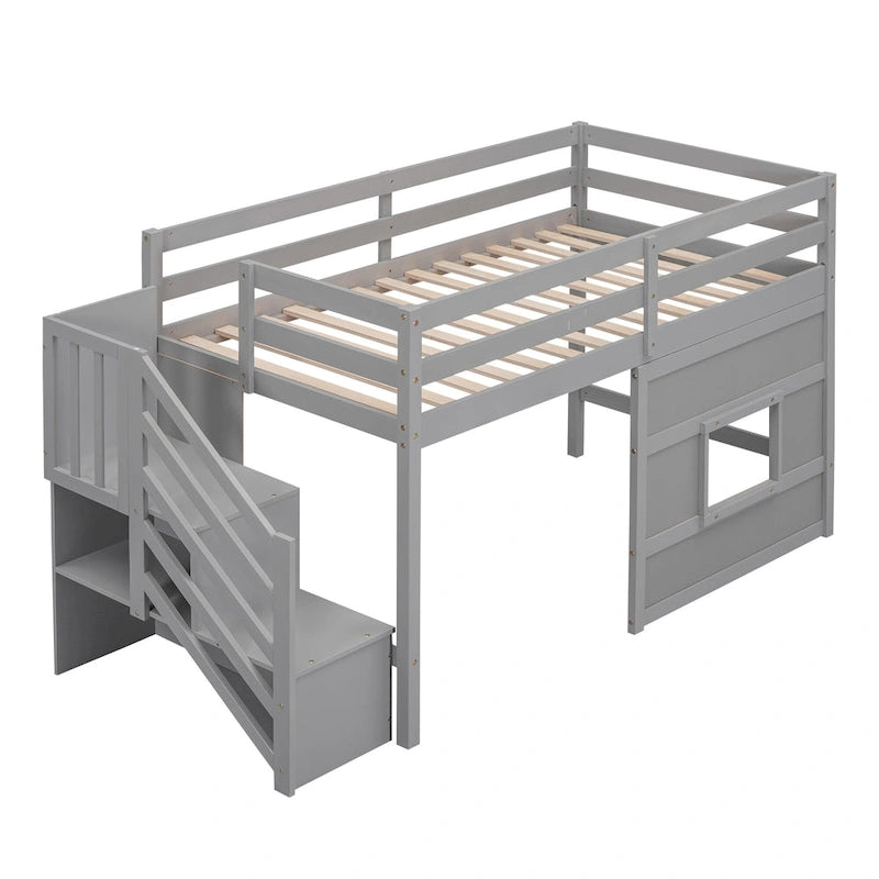Lit mezzanine double avec bureau, 2 armoires, 4 tiroirs et 4 étagères – Rangement tout-en-un