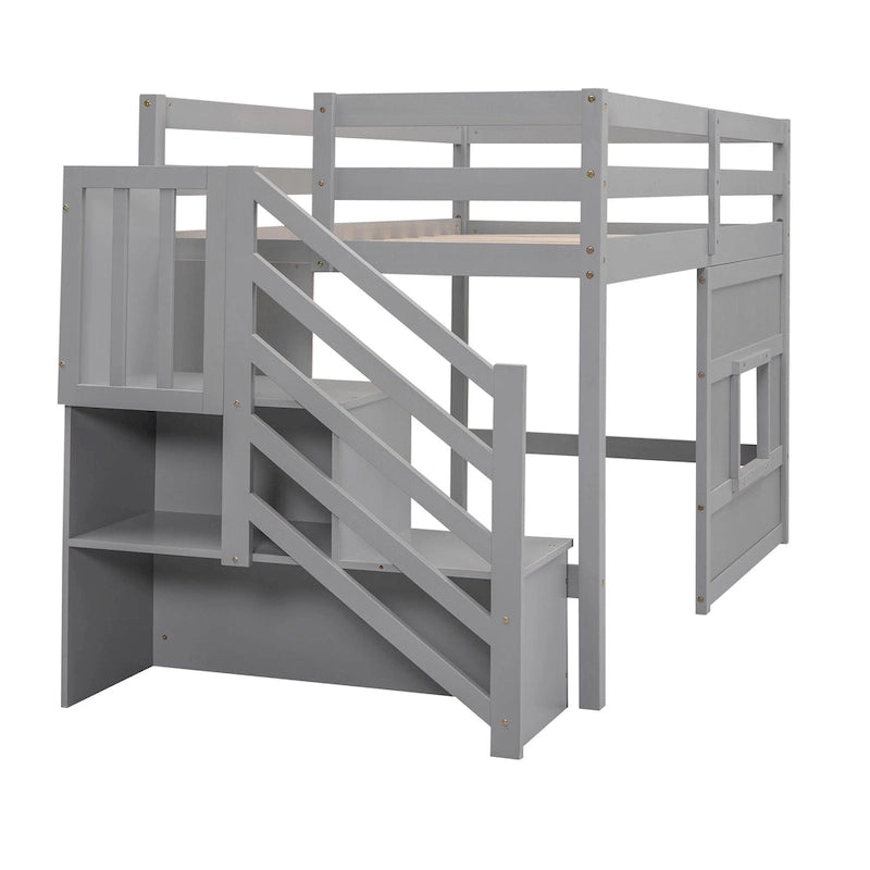 Lit mezzanine double avec bureau, 2 armoires, 4 tiroirs et 4 étagères – Rangement tout-en-un