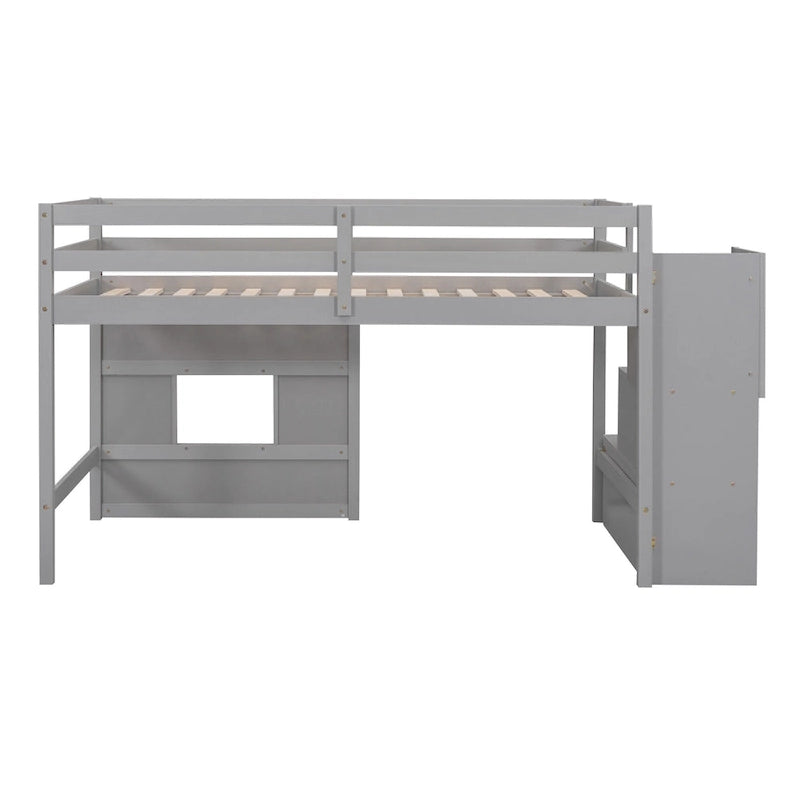 Lit mezzanine double avec bureau, 2 armoires, 4 tiroirs et 4 étagères – Rangement tout-en-un