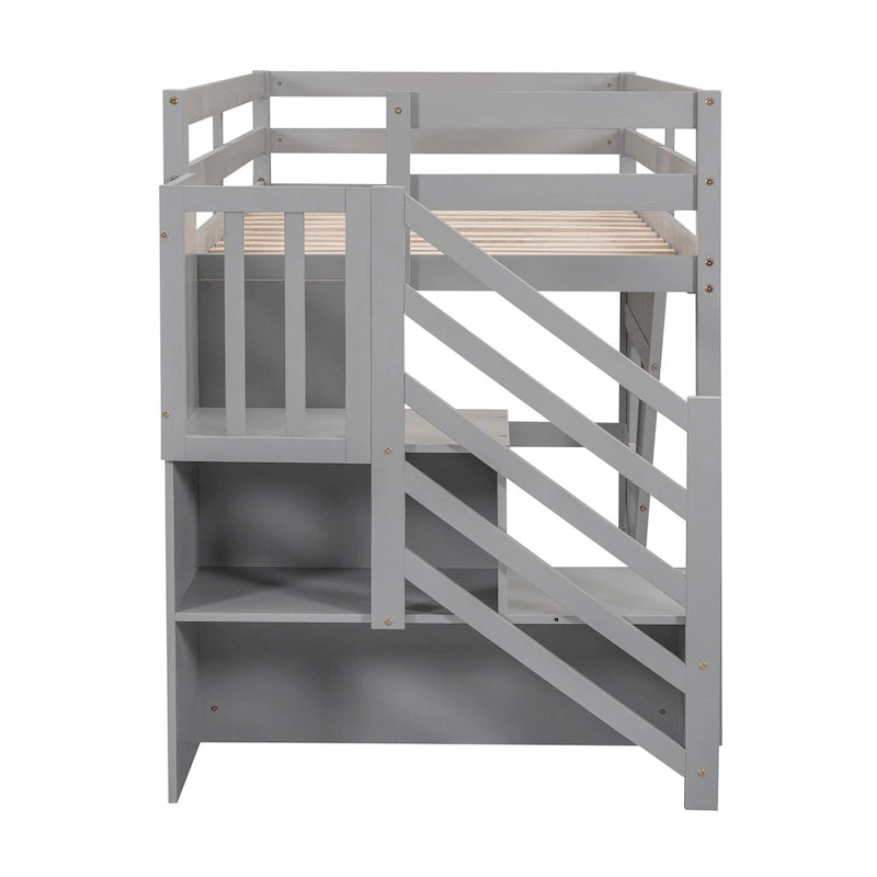 Lit mezzanine double avec bureau, 2 armoires, 4 tiroirs et 4 étagères – Rangement tout-en-un