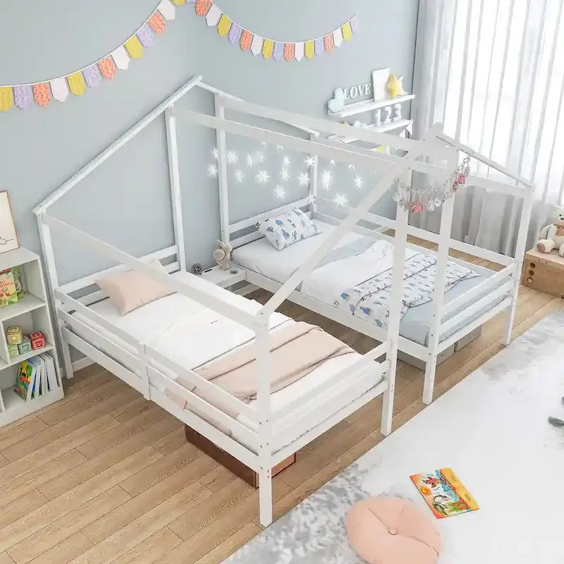 Lit superposé double pour 2 enfants avec table de chevet intégrée et ports de chargement USB