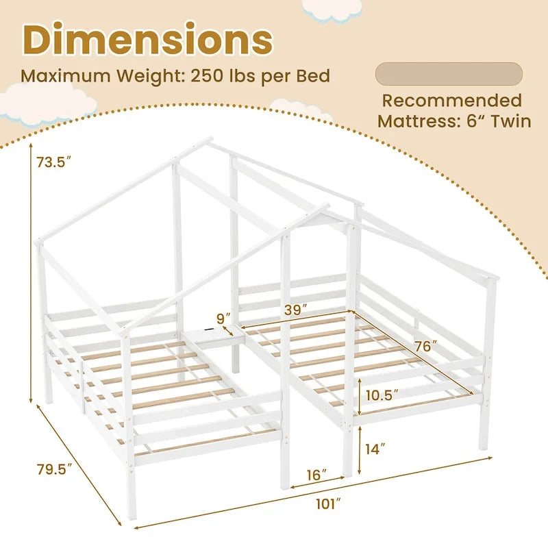 Lit superposé double pour 2 enfants avec table de chevet intégrée et ports de chargement USB