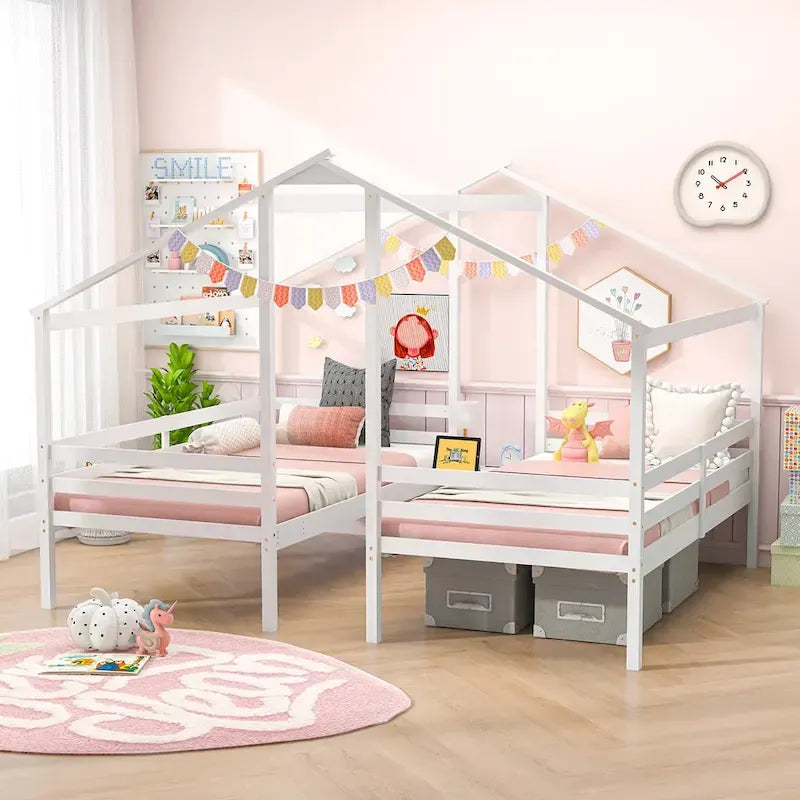 Lit superposé double pour 2 enfants avec table de chevet intégrée et ports de chargement USB