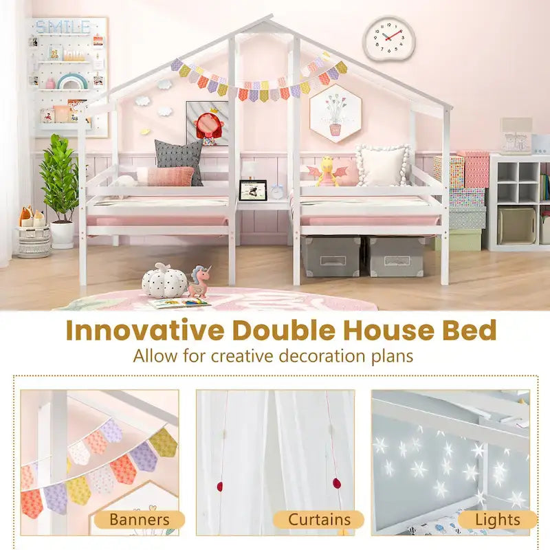 Lit superposé double pour 2 enfants avec table de chevet intégrée et ports de chargement USB