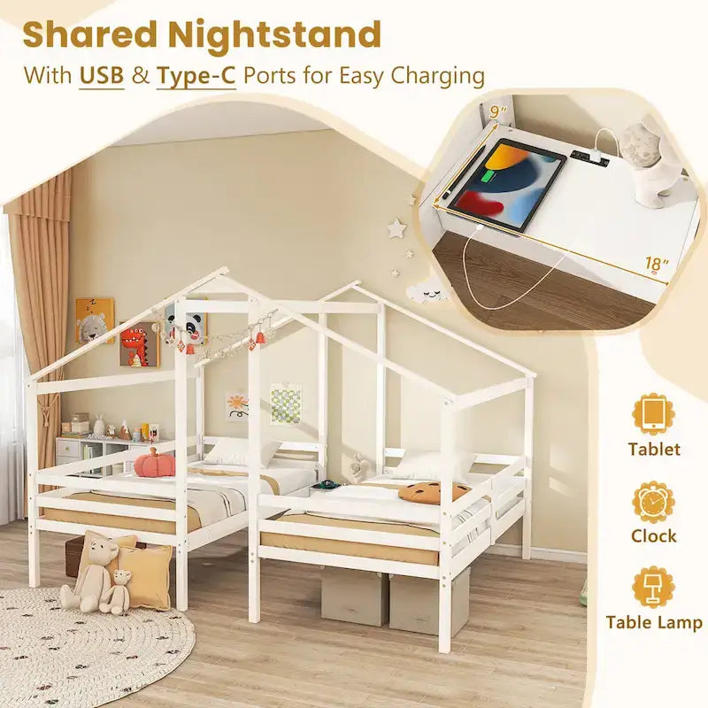 Lit superposé double pour 2 enfants avec table de chevet intégrée et ports de chargement USB