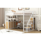 Lit mezzanine double en métal avec escalier de rangement, armoire et étagères