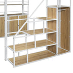 Lit mezzanine double en métal avec escalier de rangement, armoire et étagères
