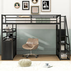 Lit mezzanine double en métal avec escalier de rangement, armoire et étagères
