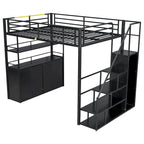 Lit mezzanine double en métal avec escalier de rangement, armoire et étagères