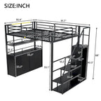 Lit mezzanine double en métal avec escalier de rangement, armoire et étagères