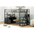 Lit mezzanine double en métal avec escalier de rangement, armoire et étagères