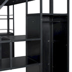 Lit mezzanine double en métal avec escalier de rangement, armoire et étagères
