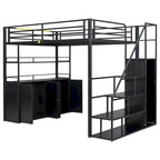 Lit mezzanine double en métal avec escalier de rangement, armoire et étagères