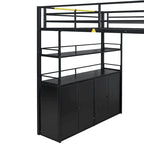 Lit mezzanine double en métal avec escalier de rangement, armoire et étagères