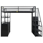 Lit mezzanine double en métal avec escalier de rangement, armoire et étagères