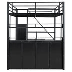 Lit mezzanine double en métal avec escalier de rangement, armoire et étagères