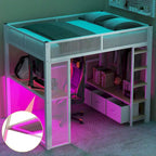 Lit mezzanine gaming en métal double avec LED 16 couleurs, bureau et 3 tiroirs de rangement (capacité de 180 kg)