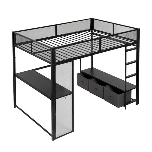 Lit mezzanine gaming en métal double avec LED 16 couleurs, bureau et 3 tiroirs de rangement (capacité de 180 kg)