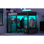 Lit mezzanine gaming en métal double avec LED 16 couleurs, bureau et 3 tiroirs de rangement (capacité de 180 kg)