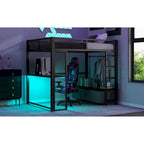 Lit mezzanine gaming en métal double avec LED 16 couleurs, bureau et 3 tiroirs de rangement (capacité de 180 kg)