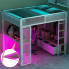 Lit mezzanine gaming en métal double avec LED 16 couleurs, bureau et 3 tiroirs de rangement (capacité de 180 kg)