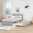Lit jumeau double gris en bois de noyer avec lit gigogne et tête de lit en forme de clôture - Design moderne peu encombrant