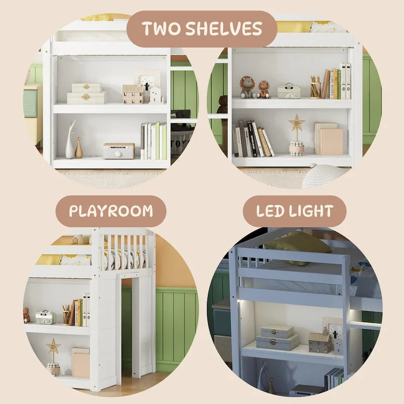 Lit surélevé bas en bois double avec étagères à deux niveaux, bande lumineuse LED et espace de jeu sous le lit