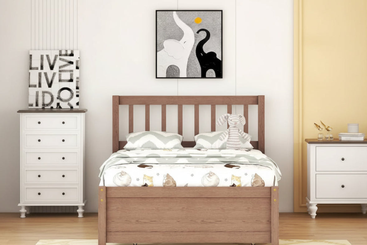 Brown Walnut Rubberwood Twin Size Platform Bed Frame with Trundle, Modern Design, No Box Spring Needed
