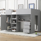 Lit mezzanine pleine taille en bois massif gris avec armoire, bureau et étagères