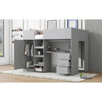 Lit mezzanine pleine taille en bois massif gris avec armoire, bureau et étagères