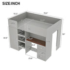Lit mezzanine pleine taille en bois massif gris avec armoire, bureau et étagères
